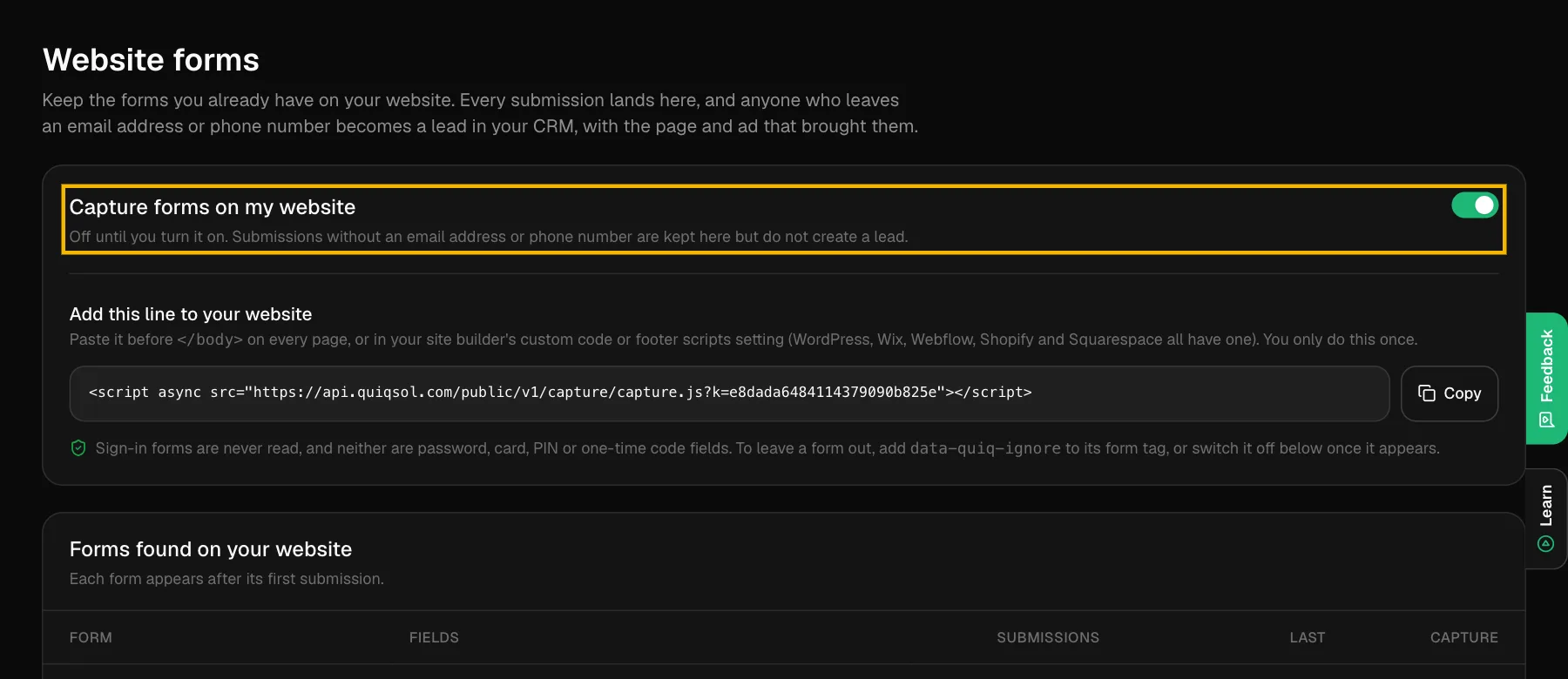 Website forms in Website IQ